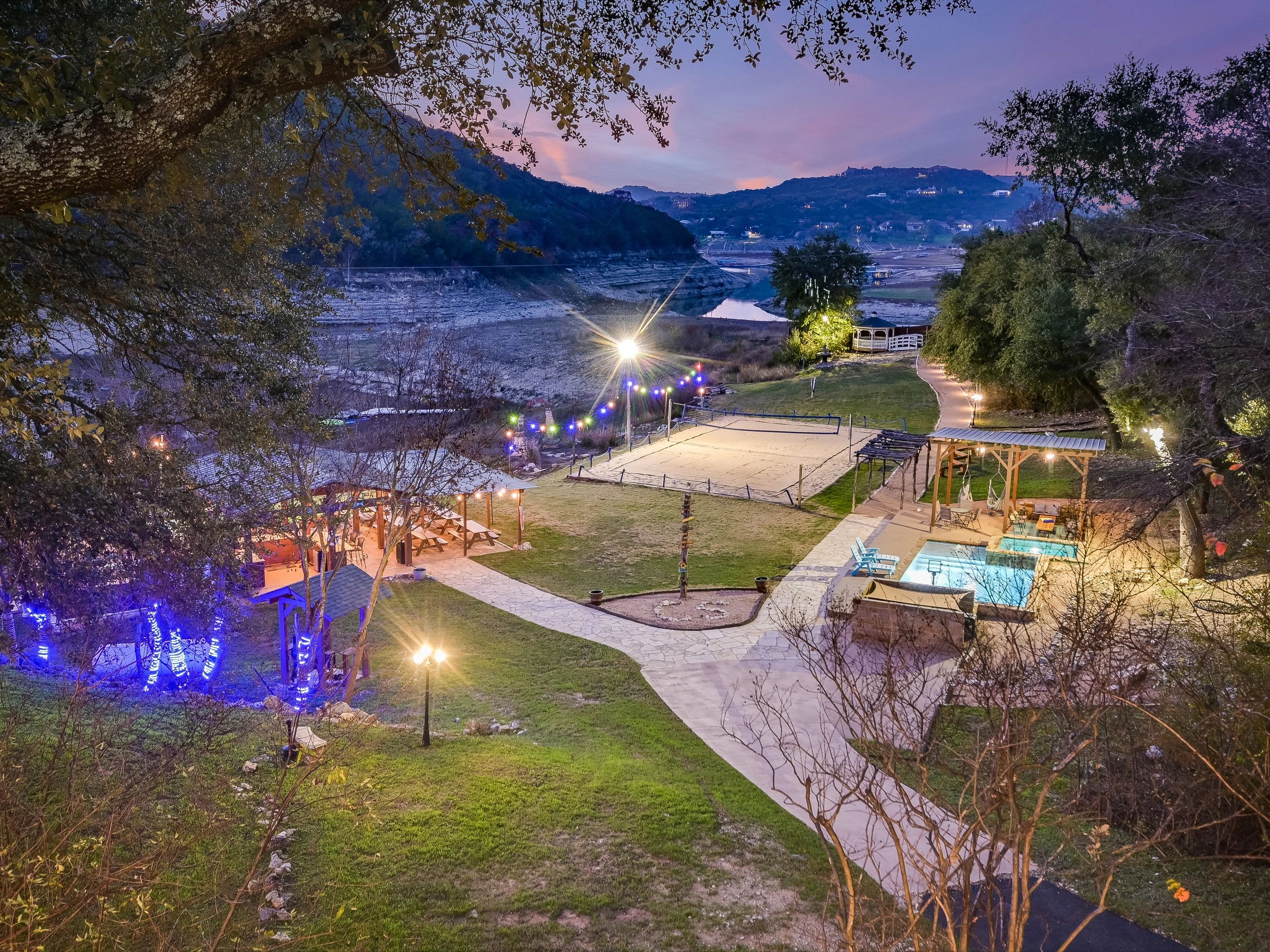 Aerial twilight view of Camp Sandy resort