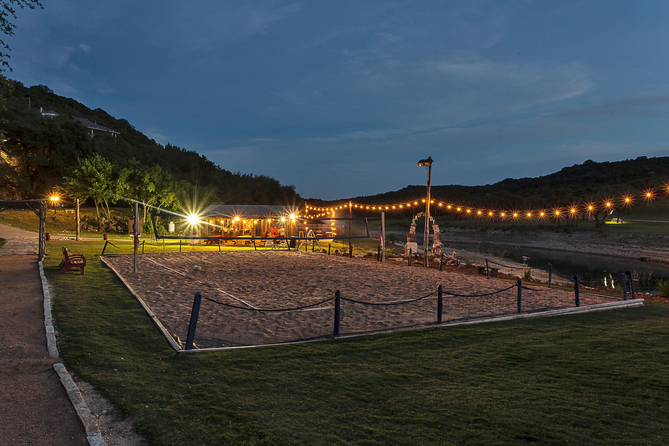 Sand volleyball courts at night